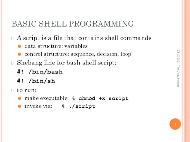 BASIC SHELL PROGRAMMING A script is a file that contains shell