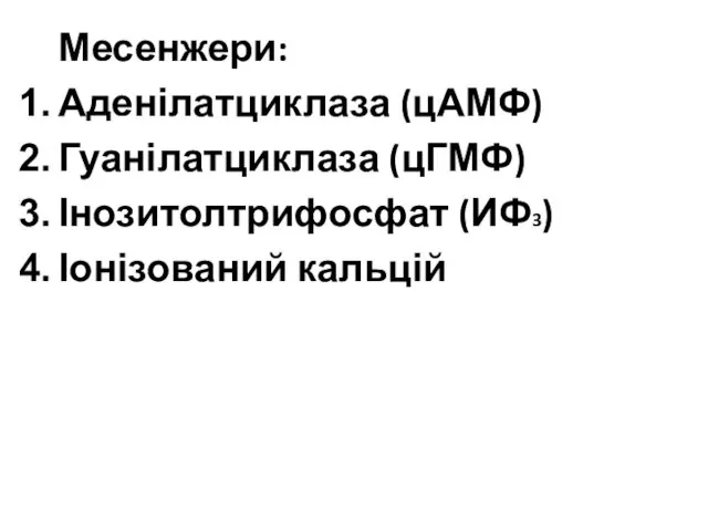 Месенжери: Аденілатциклаза (цАМФ) Гуанілатциклаза (цГМФ) Інозитолтрифосфат (ИФ3) Іонізований кальцій