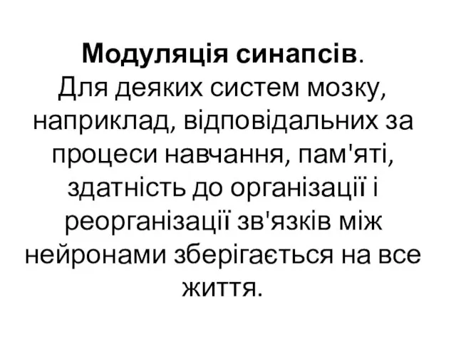 Модуляція синапсів. Для деяких систем мозку, наприклад, відповідальних за процеси навчання,