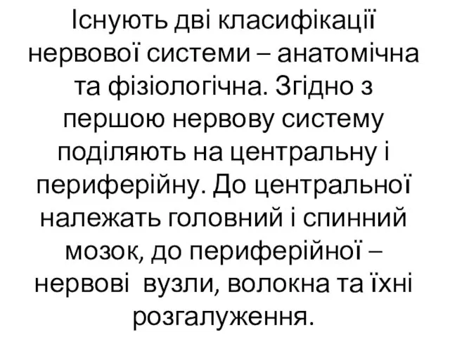 Існують дві класифікації нервової системи – анатомічна та фізіологічна. Згідно з