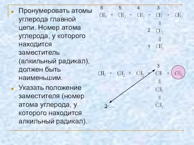 Пронумеровать атомы углерода главной цепи. Номер атома углерода, у которого находится