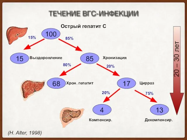 ТЕЧЕНИЕ ВГС-ИНФЕКЦИИ Острый гепатит С Выздоровление Хронизация 15% 85% 80% 20%