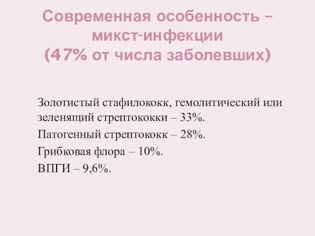 Современная особенность – микст-инфекции (47% от числа заболевших) Золотистый стафилококк, гемолитический