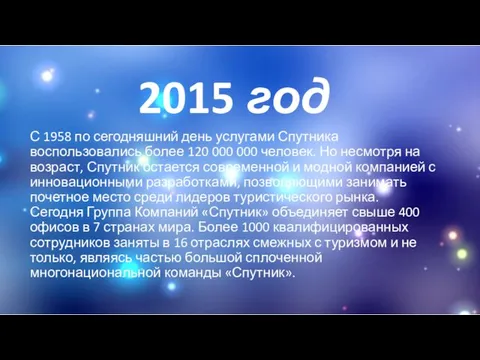 2015 год С 1958 по сегодняшний день услугами Спутника воспользовались более