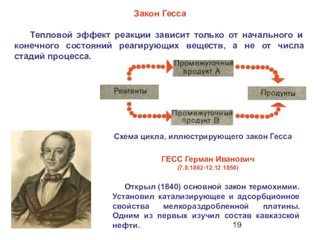 Открыл (1840) основной закон термохимии. Установил катализирующее и адсорбционное свойства мелкораздробленной