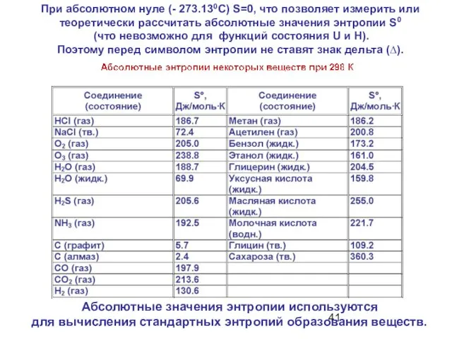 При абсолютном нуле (- 273.130С) S=0, что позволяет измерить или теоретически