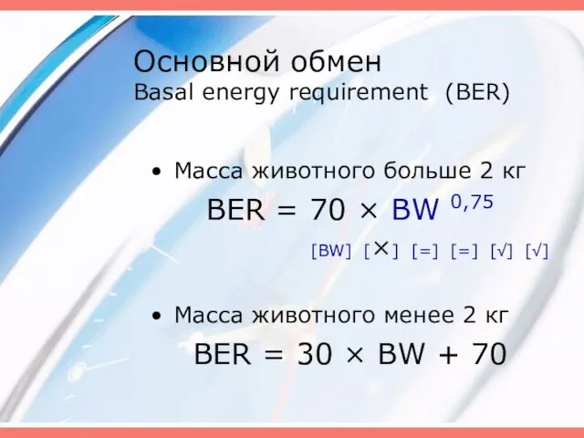 Основной обмен Basal energy requirement (BER) Масса животного больше 2 кг