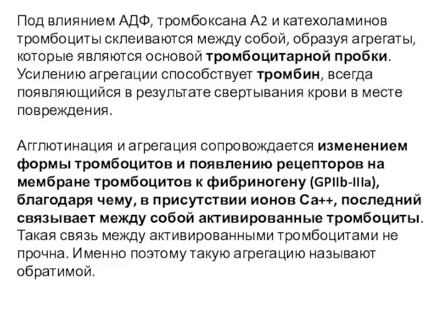 Под влиянием АДФ, тромбоксана А2 и катехоламинов тромбоциты склеиваются между собой,