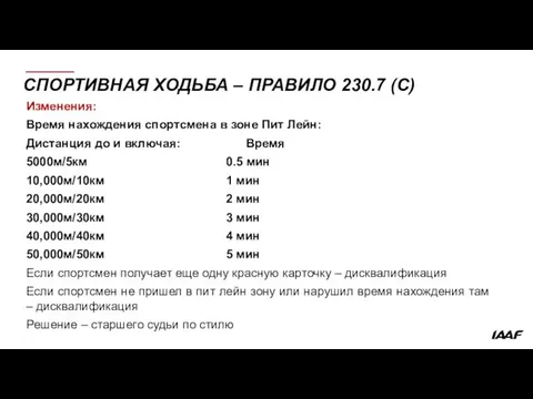 СПОРТИВНАЯ ХОДЬБА – ПРАВИЛО 230.7 (C) Изменения: Время нахождения спортсмена в