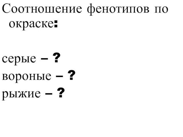 Соотношение фенотипов по окраске: серые – ? вороные – ? рыжие – ?