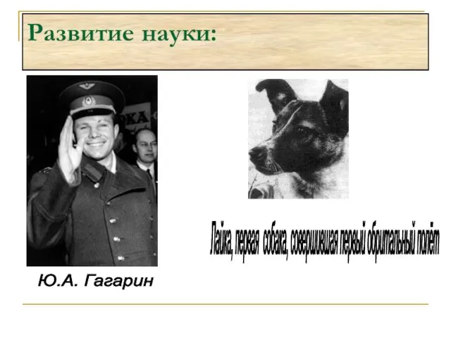 Ю.А. Гагарин Лайка, первая собака, совершившая первый обритальный полёт Развитие науки: