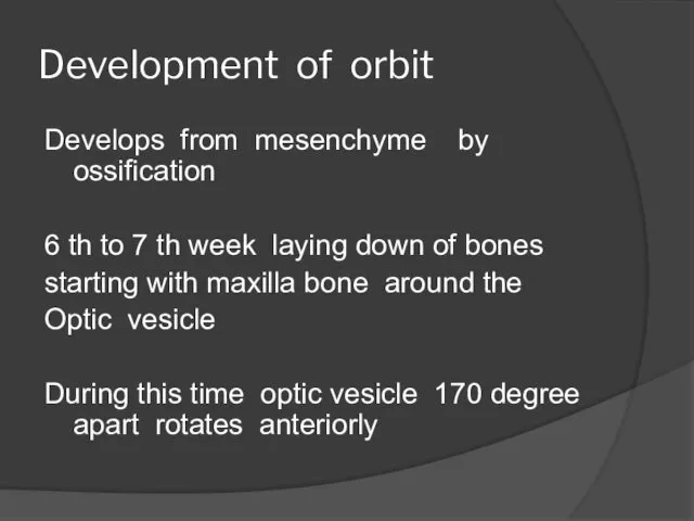 Development of orbit Develops from mesenchyme by ossification 6 th to