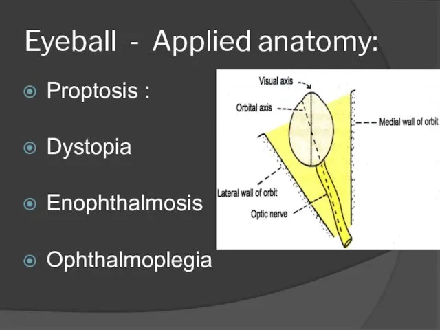 Eyeball - Applied anatomy: Proptosis : Dystopia Enophthalmosis Ophthalmoplegia