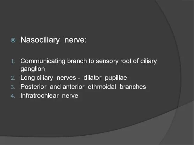 Nasociliary nerve: Communicating branch to sensory root of ciliary ganglion Long