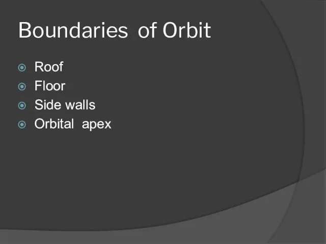 Boundaries of Orbit Roof Floor Side walls Orbital apex