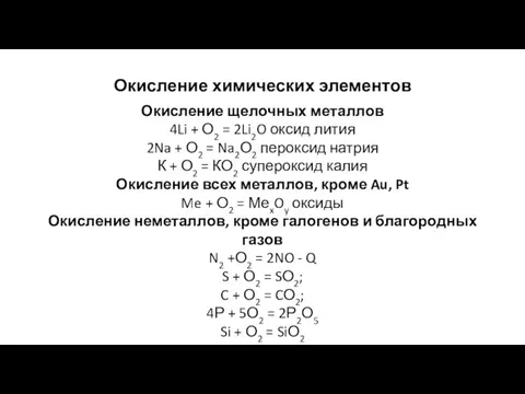 Окисление химических элементов Окисление щелочных металлов 4Li + О2 = 2Li2O