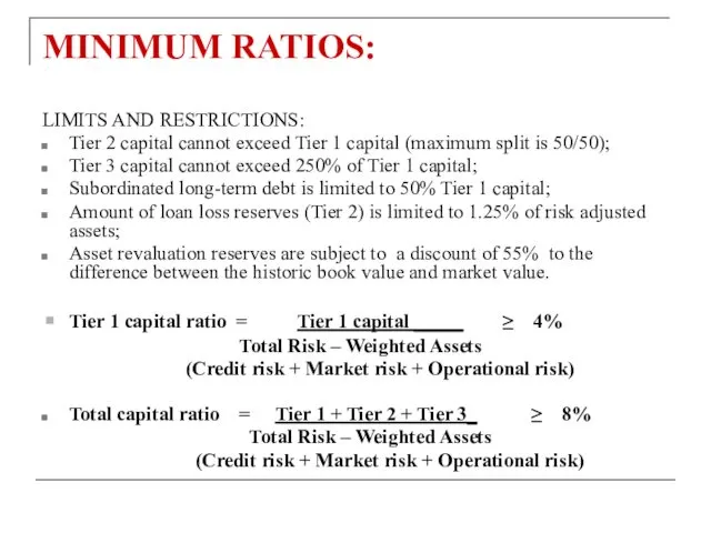 MINIMUM RATIOS: LIMITS AND RESTRICTIONS: Tier 2 capital cannot exceed Tier