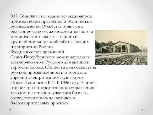 В.Н. Тенишев стал одним из акционеров, председателем правления и техническим руководителем