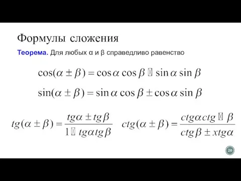 Формулы сложения Теорема. Для любых α и β справедливо равенство