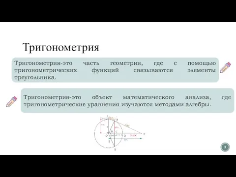 Тригонометрия Тригонометрия-это часть геометрии, где с помощью тригонометрических функций связываются элементы