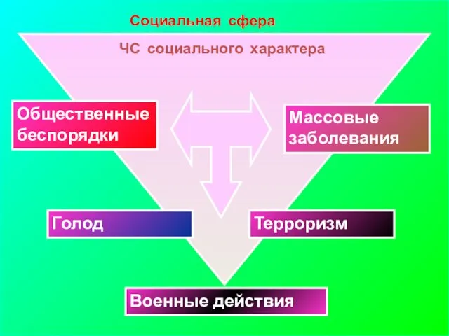 Социальная сфера ЧС социального характера Общественные беспорядки Терроризм Голод Массовые заболевания Военные действия