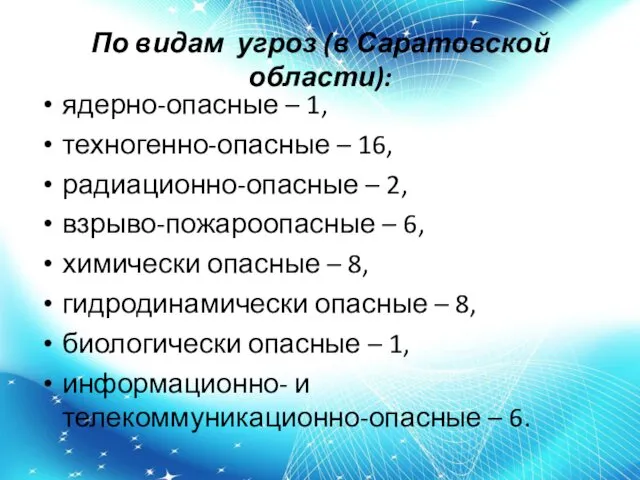 По видам угроз (в Саратовской области): ядерно-опасные – 1, техногенно-опасные –