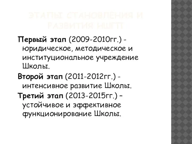 ЭТАПЫ СТАНОВЛЕНИЯ И РАЗВИТИЯ НШГП Первый этап (2009-2010гг.) - юридическое, методическое