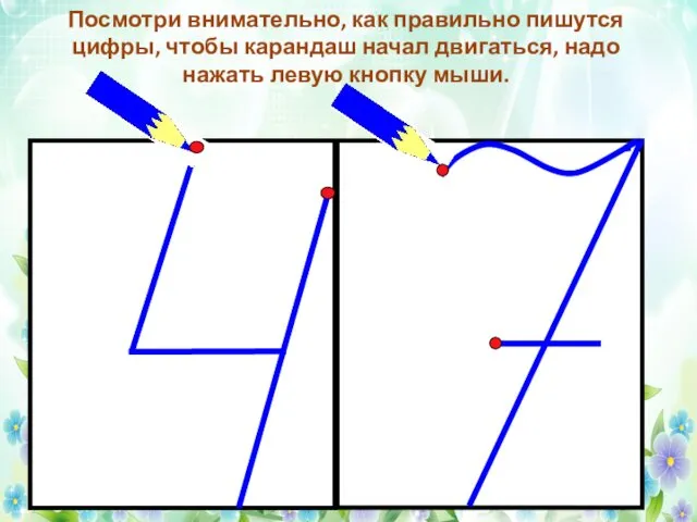 Посмотри внимательно, как правильно пишутся цифры, чтобы карандаш начал двигаться, надо нажать левую кнопку мыши.