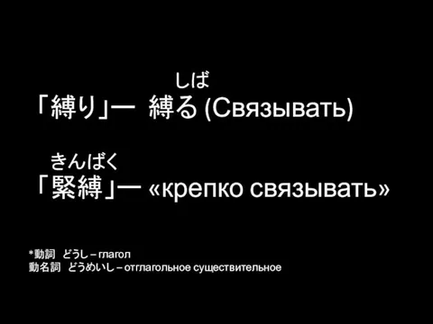 「縛り」ー 縛る (Связывать) しば *動詞 どうし – глагол 動名詞 どうめいし –