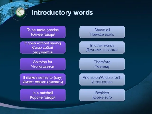 Introductory words In a nutshell Короче говоря To be more precise