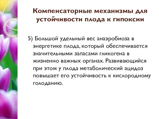 Компенсаторные механизмы для устойчивости плода к гипоксии 5) Большой удельный вес