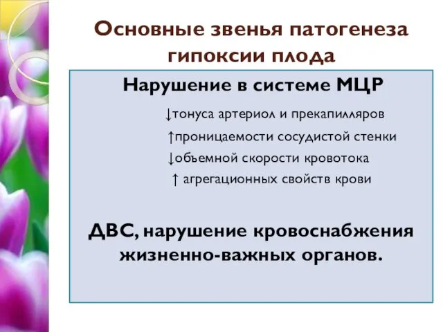 Основные звенья патогенеза гипоксии плода Нарушение в системе МЦР ↓тонуса артериол