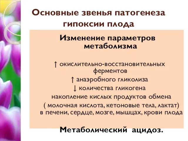 Основные звенья патогенеза гипоксии плода Изменение параметров метаболизма ↑ окислительно-восстановительных ферментов