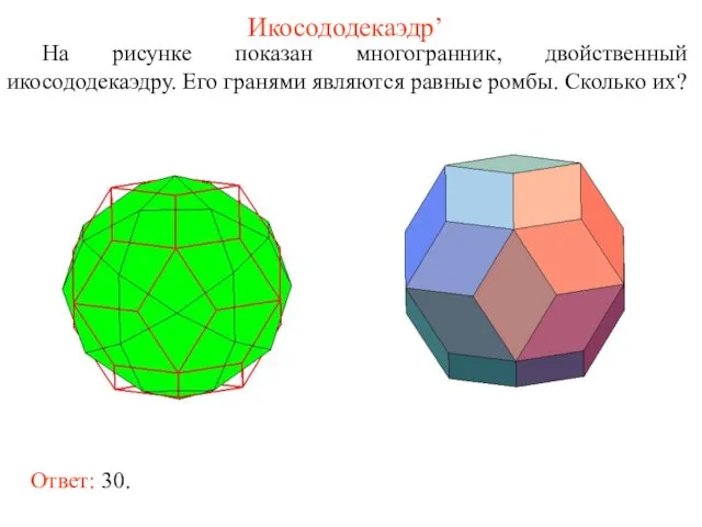 Икосододекаэдр’ На рисунке показан многогранник, двойственный икосододекаэдру. Его гранями являются равные ромбы. Сколько их? Ответ: 30.