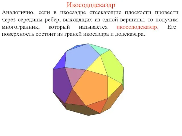 Икосододекаэдр Аналогично, если в икосаэдре отсекающие плоскости провести через середины ребер,