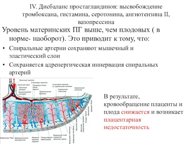 IV. Дисбаланс простагландинов: высвобождение тромбоксана, гистамина, серотонина, ангиотензина II, вазопрессина Уровень