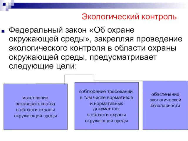 Экологический контроль Федеральный закон «Об охране окружающей среды», закрепляя проведение экологического