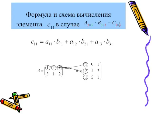 Формула и схема вычисления элемента c11 в случае : А2×3 ⋅ В3×3 = С2×3