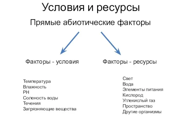 Условия и ресурсы Прямые абиотические факторы Факторы - условия Факторы -