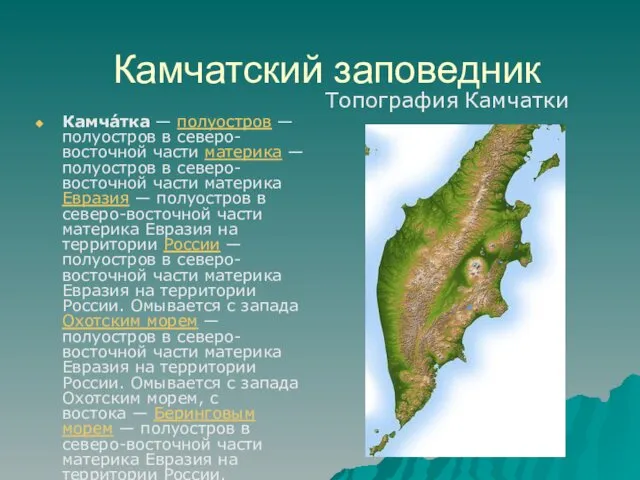 Камчатский заповедник Камча́тка — полуостров — полуостров в северо-восточной части материка