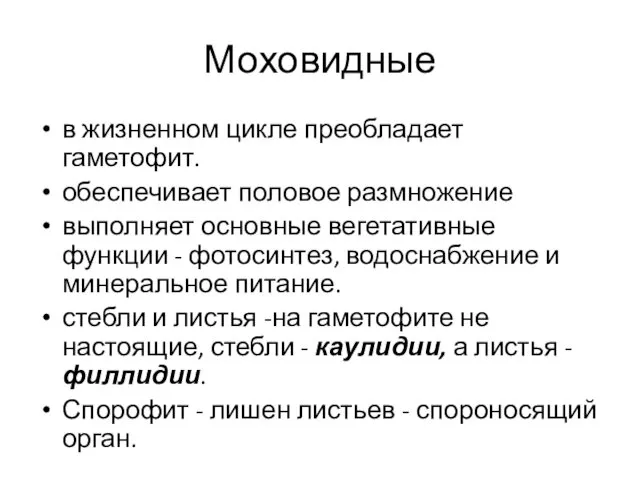 Моховидные в жизненном цикле преобладает гаметофит. обеспечивает половое размножение выполняет основные