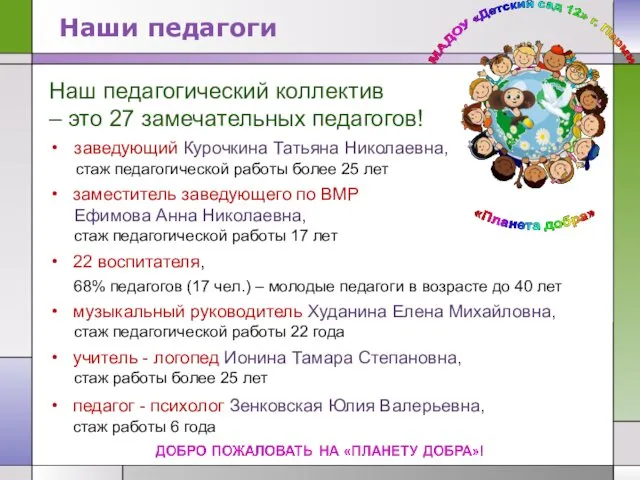 Наши педагоги Наш педагогический коллектив – это 27 замечательных педагогов! заведующий