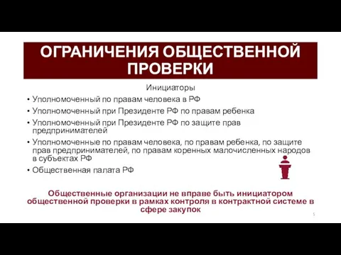 ОГРАНИЧЕНИЯ ОБЩЕСТВЕННОЙ ПРОВЕРКИ Инициаторы Уполномоченный по правам человека в РФ Уполномоченный