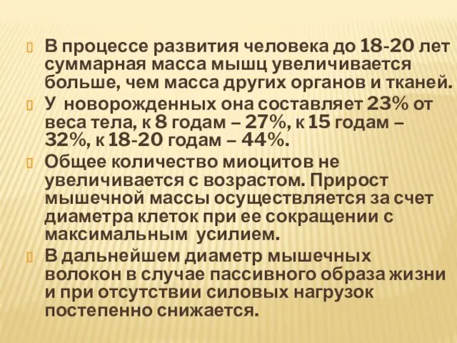 В процессе развития человека до 18-20 лет суммарная масса мышц увеличивается