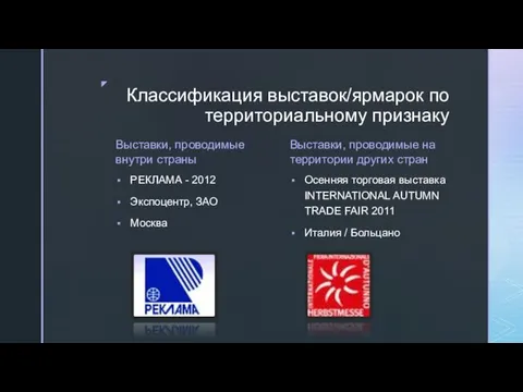 Классификация выставок/ярмарок по территориальному признаку Выставки, проводимые внутри страны РЕКЛАМА -