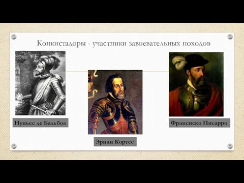 Конкистадоры - участники завоевательных походов Нуньес де Бальбоа Эрнан Кортес Франсиско Писарро