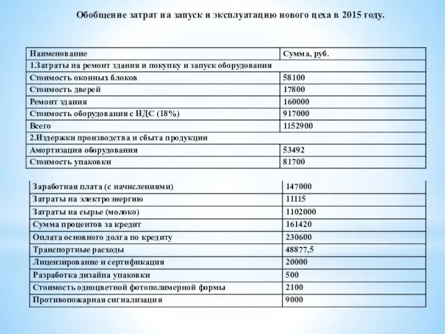 Обобщение затрат на запуск и эксплуатацию нового цеха в 2015 году.