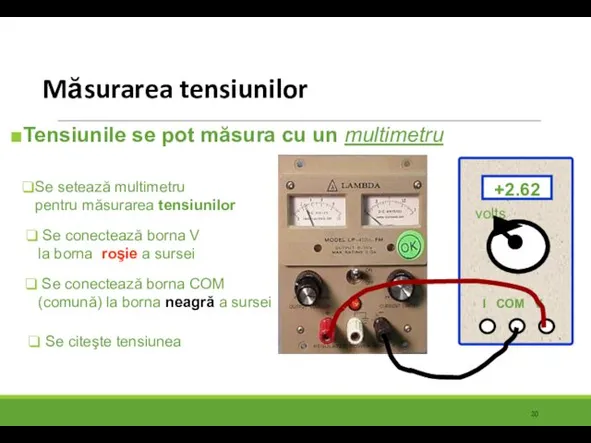 Măsurarea tensiunilor Tensiunile se pot măsura cu un multimetru Se conectează