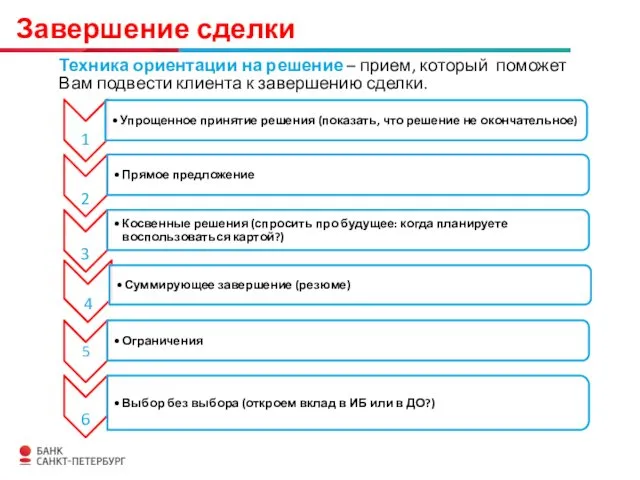 Завершение сделки Техника ориентации на решение – прием, который поможет Вам подвести клиента к завершению сделки.