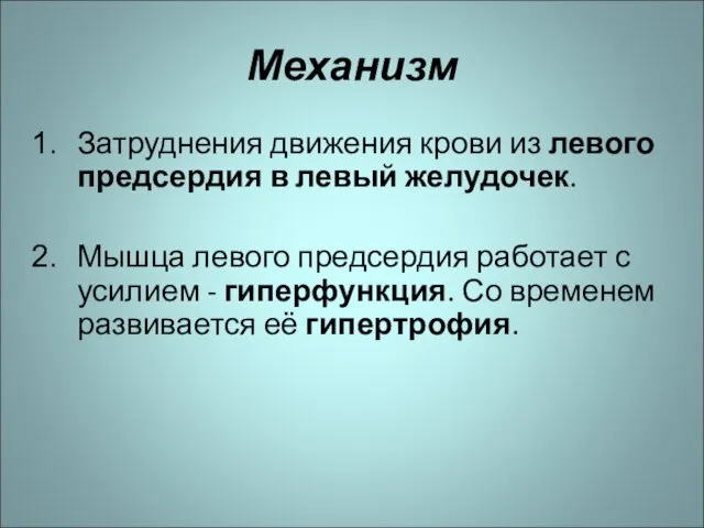 Механизм Затруднения движения крови из левого предсердия в левый желудочек. Мышца